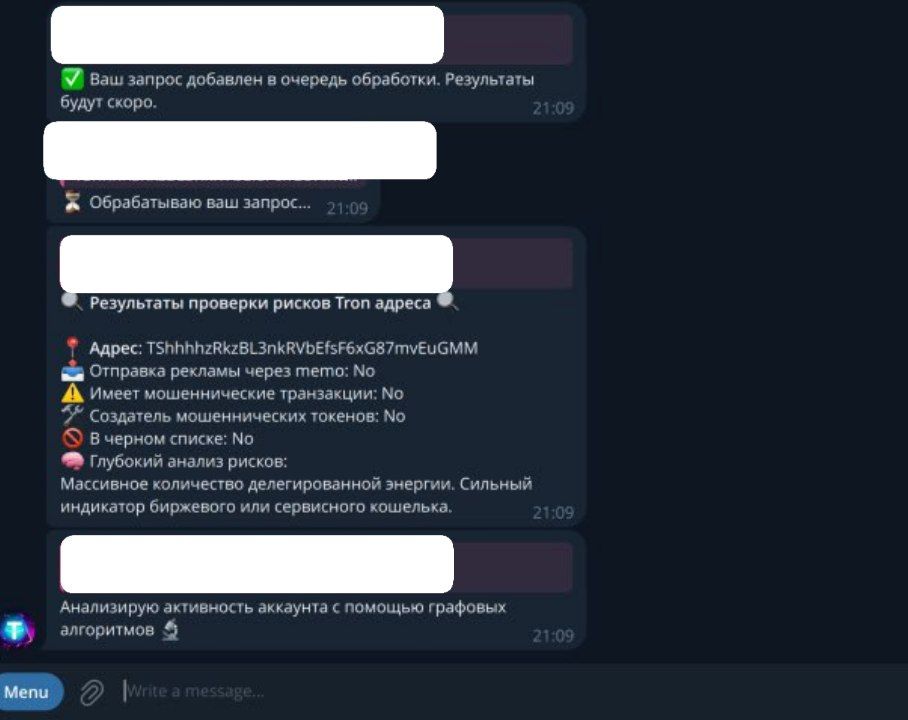 Скриншот интерфейса бота USDT Risk Checker, показывающий, как ввести адрес кошелька для проверки AML