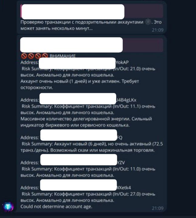 Скриншот бота USDT Risk Checker, отображающий пример отчета об оценке рисков AML